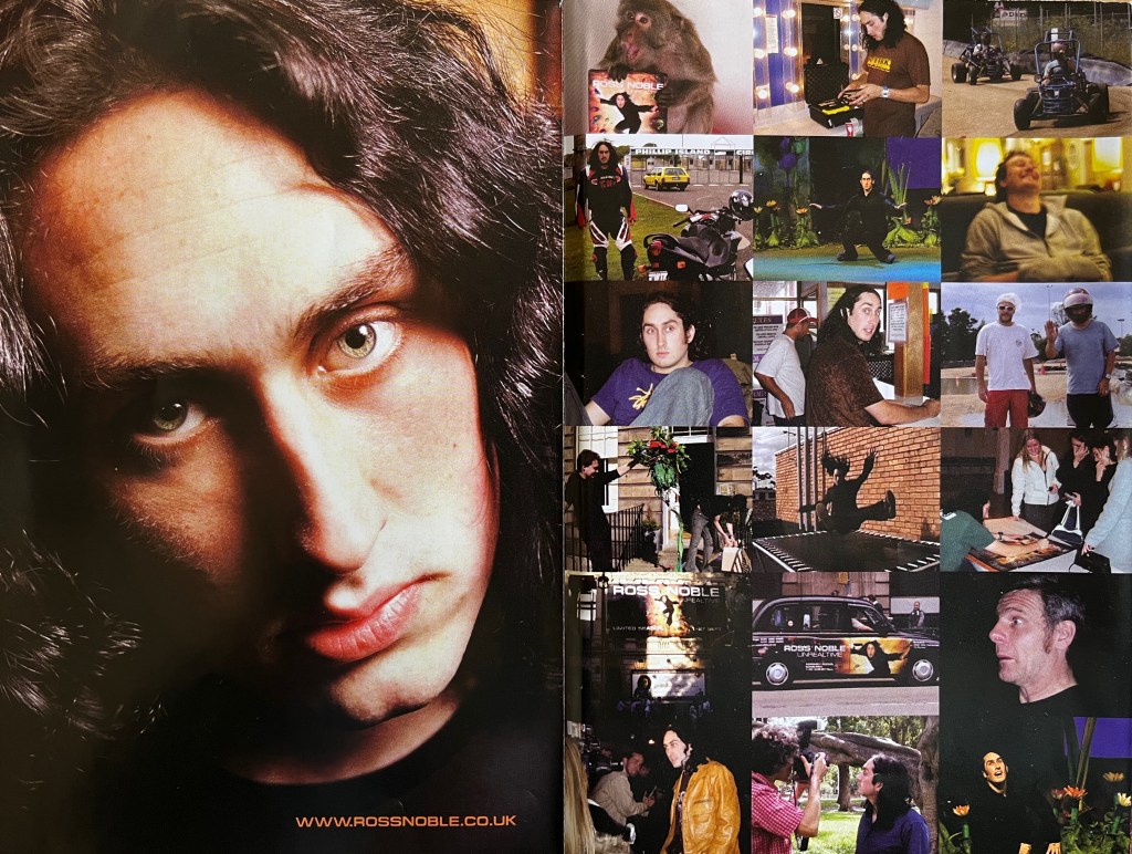 Double-page spread from the booklet with the Ross Noble DVD Unrealtime. The left page shows a large close-up of Ross Noble's face as he looks deep in thought, while the right hand page is a collage of lots of photos of him and his crew members taken during his tour, including images of Ross on stage, riding a go-kart, bouncing on a trampoline and signing a tour poster for audience members.