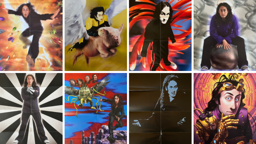 Collage of 8 images of Ross Noble from his different DVD releases, posing in a variety of ways against a myriad of colourful and patterned backgrounds.