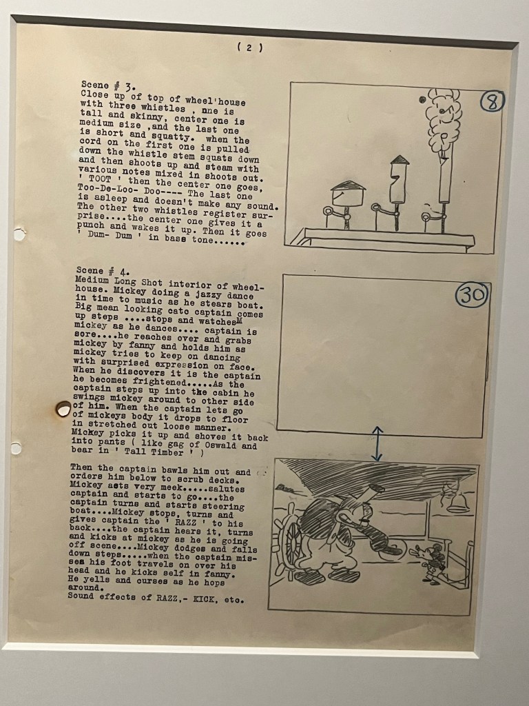 A page from a storyboard script document for Steamboat Willie, with typed information about what is happening in each scene on the left, and drawn images on the right to illustrate it.