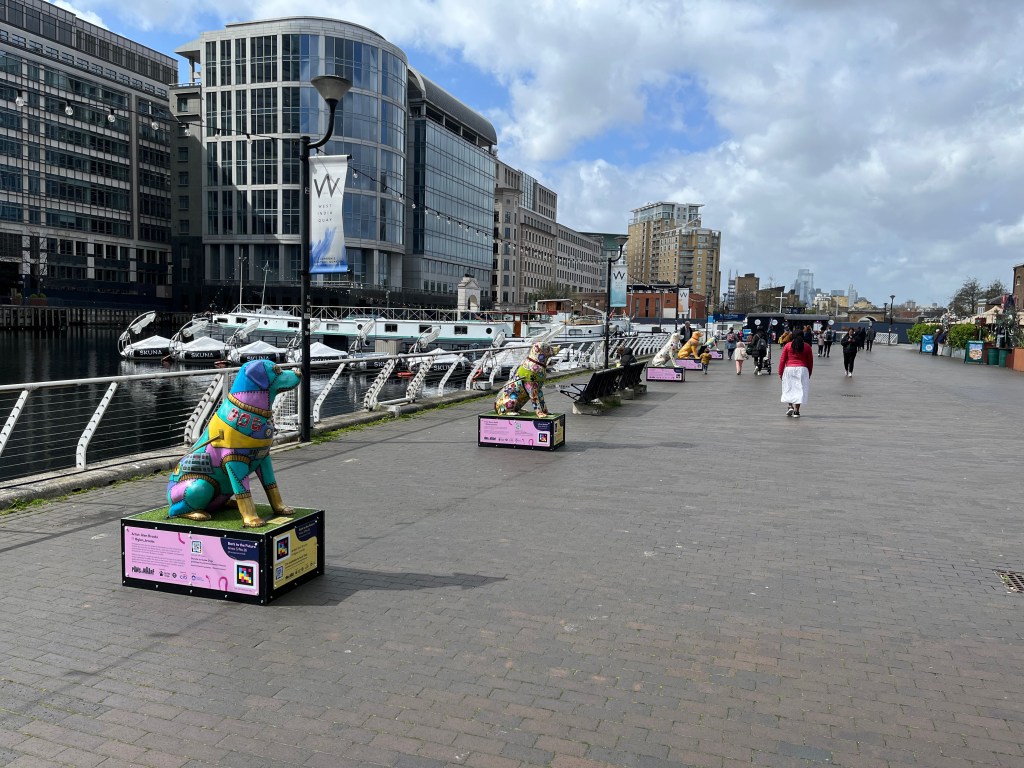 5 colourful sculptures of Guide Dogs in a row along West India Quay, with a bench in between the second and third sculptures.