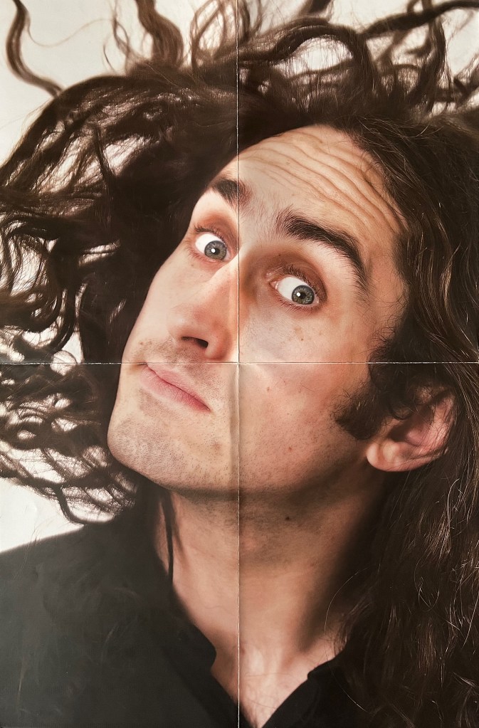 A poster showing a close-up of Ross Noble's head and shoulders. His head is tilted sideways to his left, with his eyes also looking in that direction, while his long hair is a mess as if being blown in a strong gale. The poster was issued with his Nobleism DVD.
