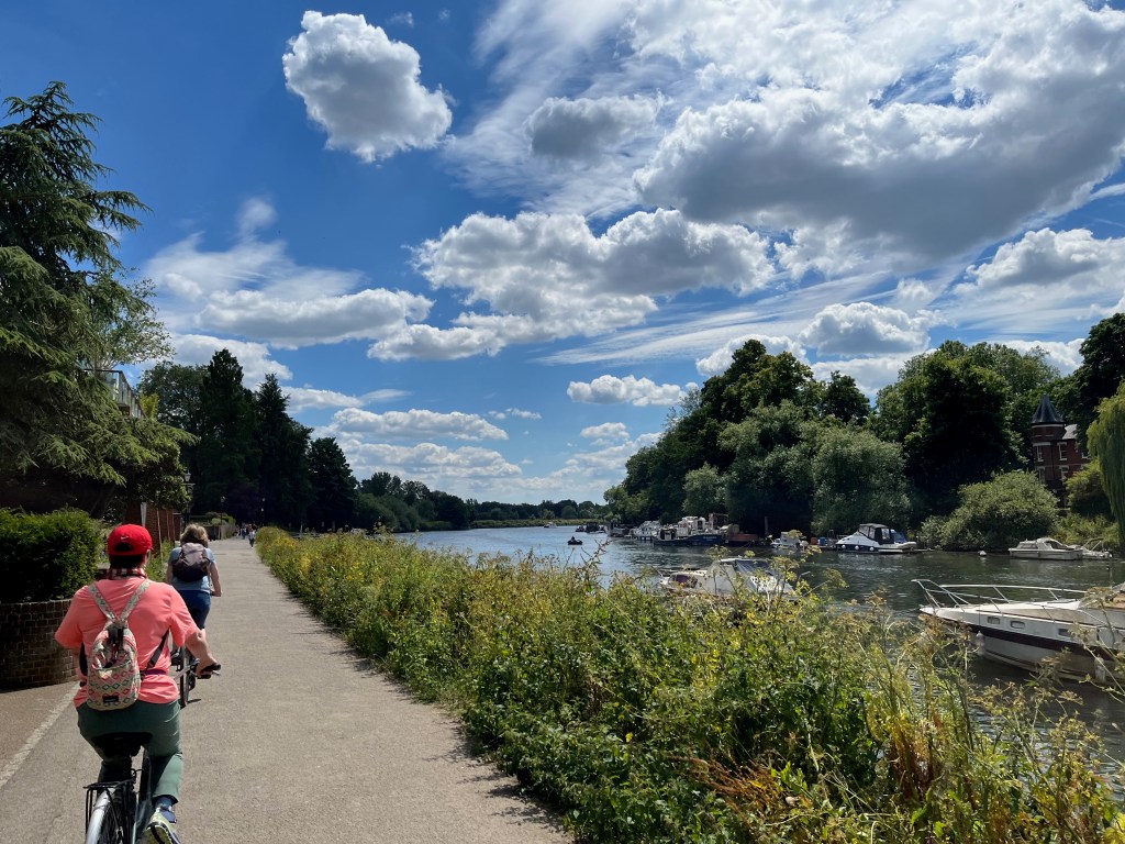 Cyclists and pedestrians using a footpath, which is separated from the River Thames by a verge of plants and greenery. There are lots of boats that are moored or sailing on the river. A large area of tall, leafy trees is just ahead on the path, and there are large trees visible on the opposite bank of the river as well.