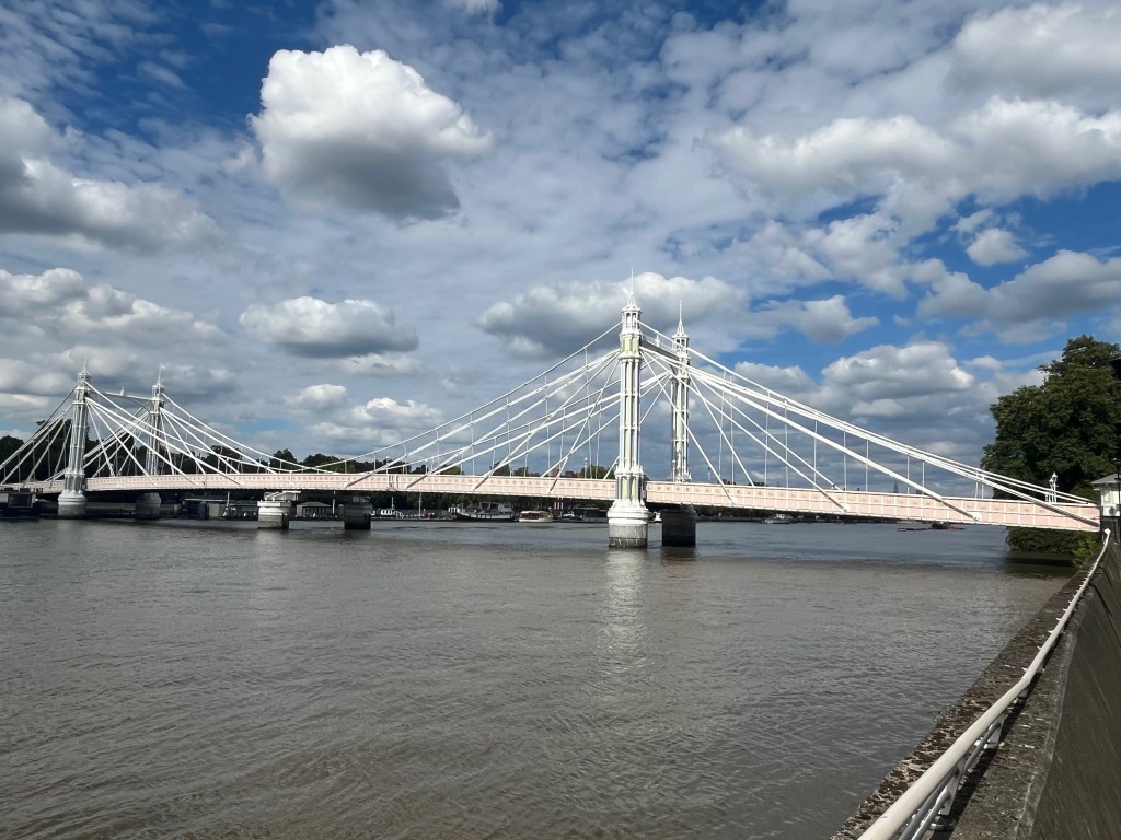 Albert Bridge, a large white suspension bridge with two supports.