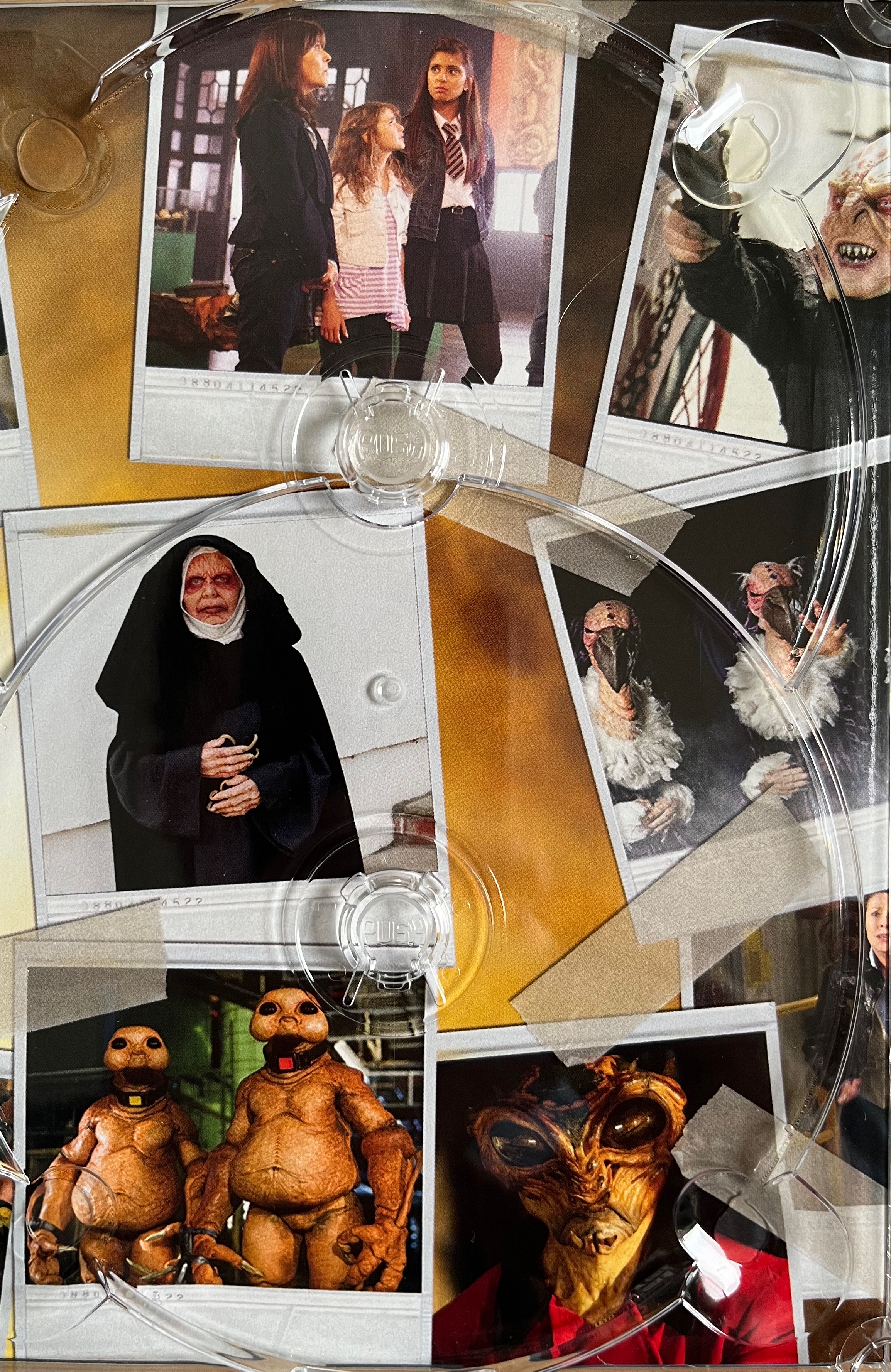 A collage of polaroid style photos that are behind the discs within the DVD box set of The Sarah Jane Adventures, showing images from the series, including Sarah with 2 of the girls, the Graske and the Slitheen.