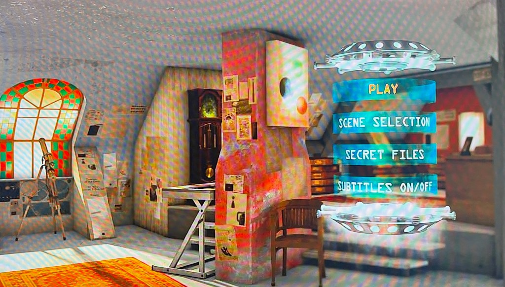 The main menu on Series 1 Disc 1 in the DVD box set of The Sarah Jane Adventures, showing an animated and detailed recreation of Sarah Jane's attic.