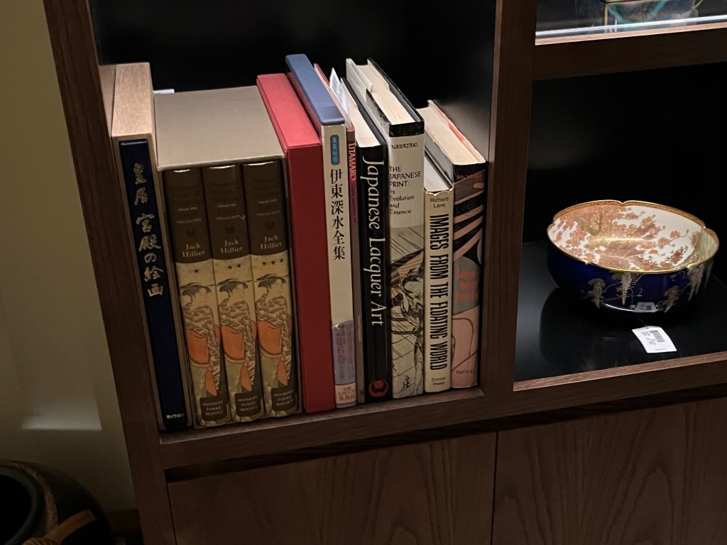 Japanese art books, including a trilogy of books by Jack Hillier, plus books with the titles Utamaro, Japanese Lacquer Art, The Japanese Print: Its Evolution and Essence, and Images from the Floating World.