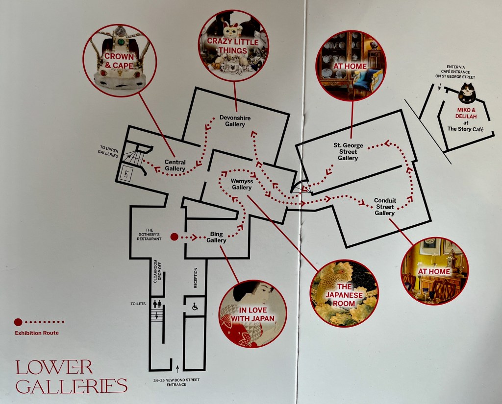 Map of the Freddie Mercury exhibition in the Lower Galleries at Sotheby's, with a dotted line marking the one way route through the various rooms.