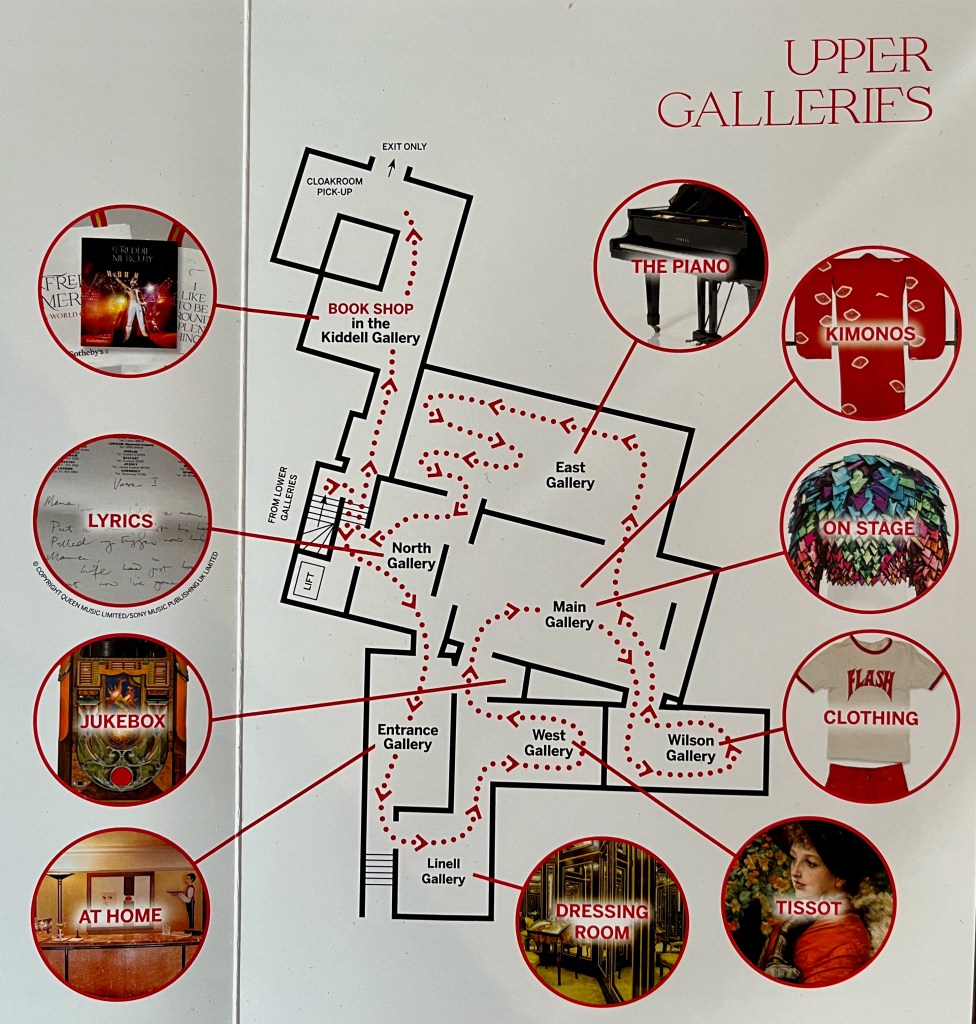 Map of the Freddie Mercury exhibition in the Upper Galleries at Sotheby's, with a dotted line marking the one way route through the various rooms.