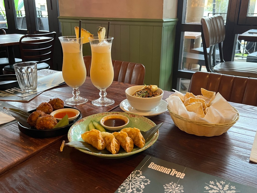 Prawn crackers, two starters and 2 Pina Colada cocktails at the Banana Tree restaurant.