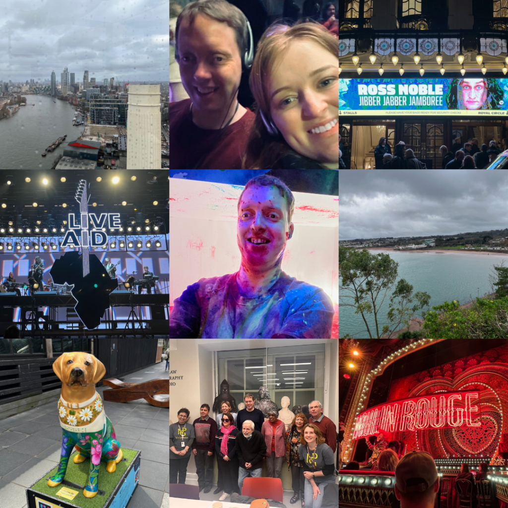 Collage of 9 of my favourite photos from 2024, including a view along the Thames from the top of Battersea Power Station, Emily and I wearing headphones at a theatre, the entrance banner for Ross Noble's Jibber Jabber Jamboree comedy show, the stage at the Live Aid musical, a photo of me smiling while covered in colourful paint dust, a view from the cliffs down to Goodrington seafront in Devon, a sculpture of a Guide Dog wearing a colourful flowery outfit, a group photo of me among other visually impaired people from VocalEyes, and the stage for the Moulin Rouge musical lit up in red.