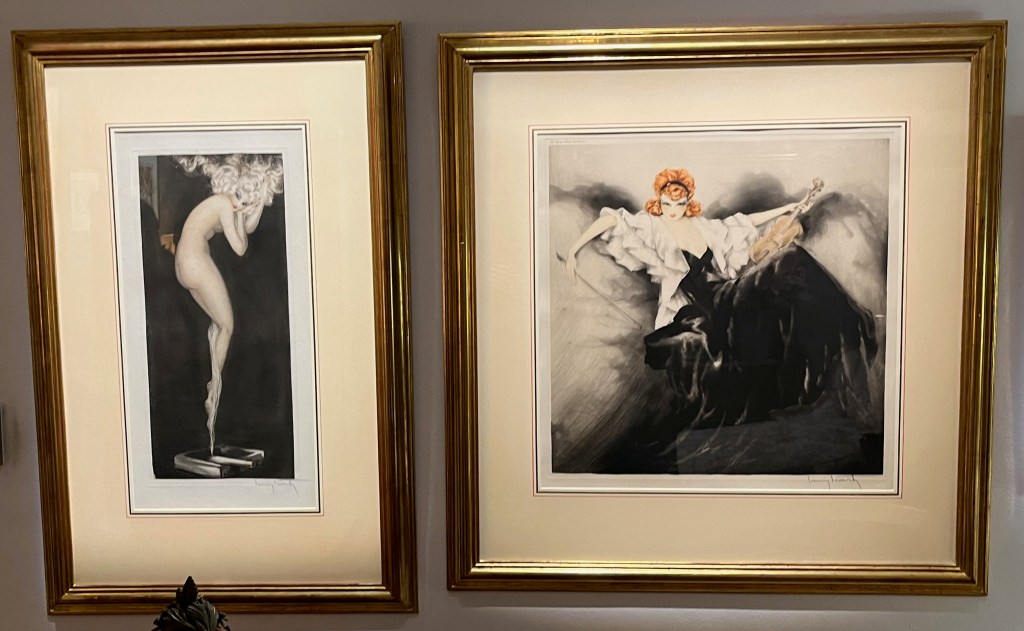 2 artworks by Louis Icart, one showing a side-on view of a tall nude woman with white curly hair, the other showing a woman in a white robe with her arms outstretched to the sides.