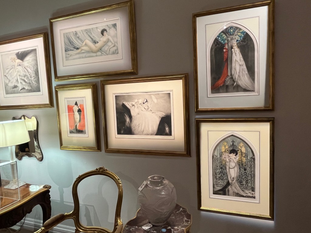 5 artworks by Louis Icart, showing female figures posing in various ways, including one of a nude woman reclining on a bed with her legs crossed, and another of a woman standing one side of a pillar, while a red devil-like figure stands on the other side.