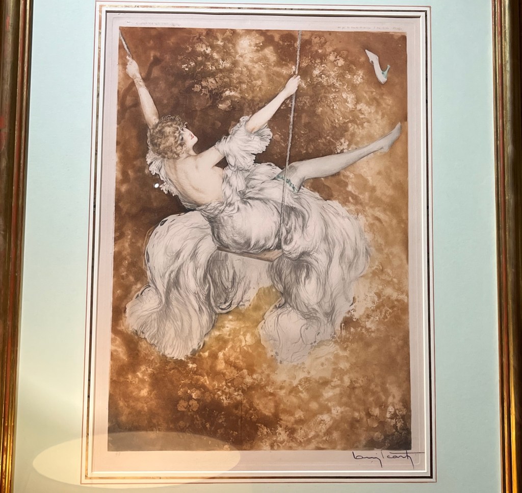 The Swing by Louis Acart, a painting that shows a lady on a swing, the excess fabric of her white dress spreading out in the air around her. Her arms are bare, as is the top half of her back, and she's kicking a bare leg up in front of her.