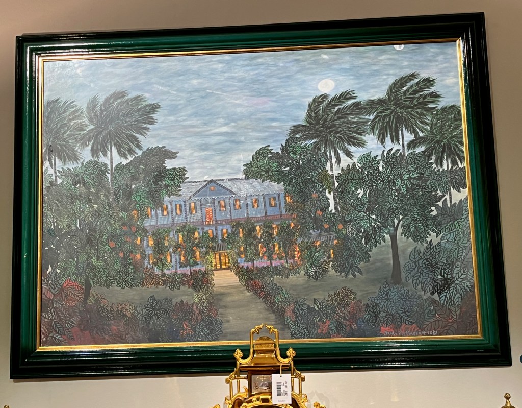 Watercolour painting showing a large house at night, with at least 11 windows across each of its 3 floors, apart from the entrance in the centre at the bottom, reached by a pathway through a garden, in which large trees are overhanging in such a way that they obscure each end of the house.