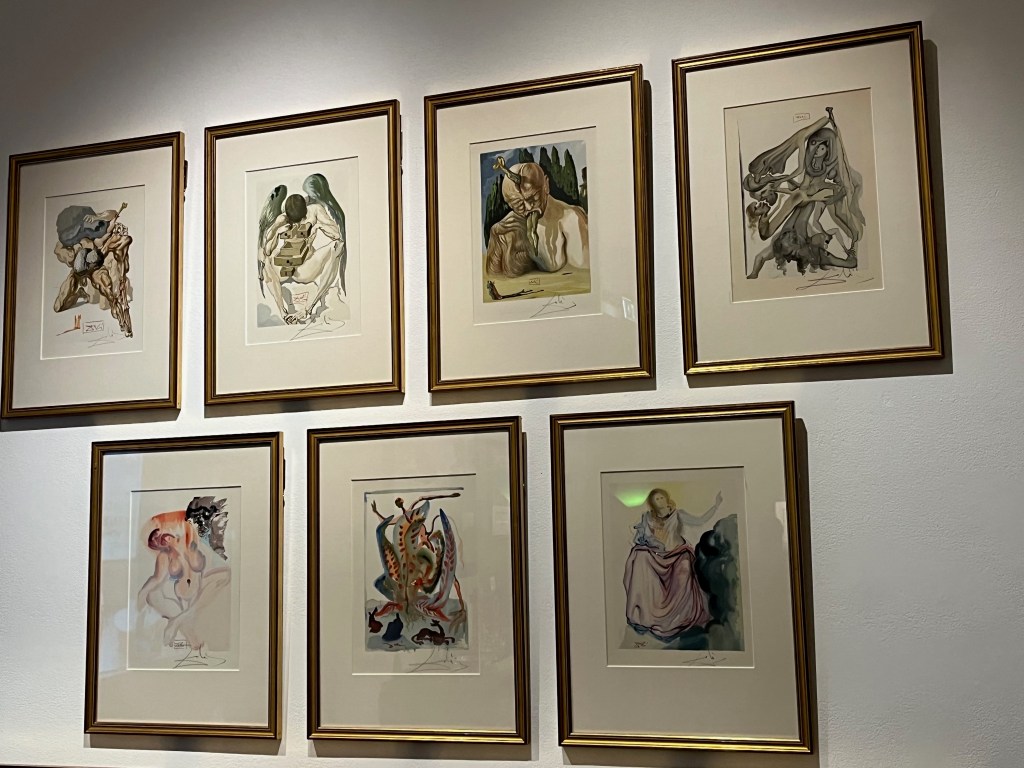 7 paintings by Salvador Dali, showing very surreal imagery, such as one with drawers coming out of their body, another with a fish tail coming out of their head and frogs legs out of their mouth.