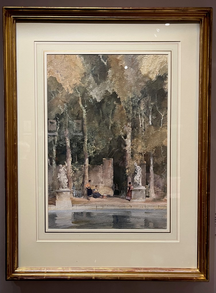 Watercolour painting called Gossip In A Park by Sir William Russell Flint. It shows two ladies, one standing and one sitting, by a wall next to a lake.