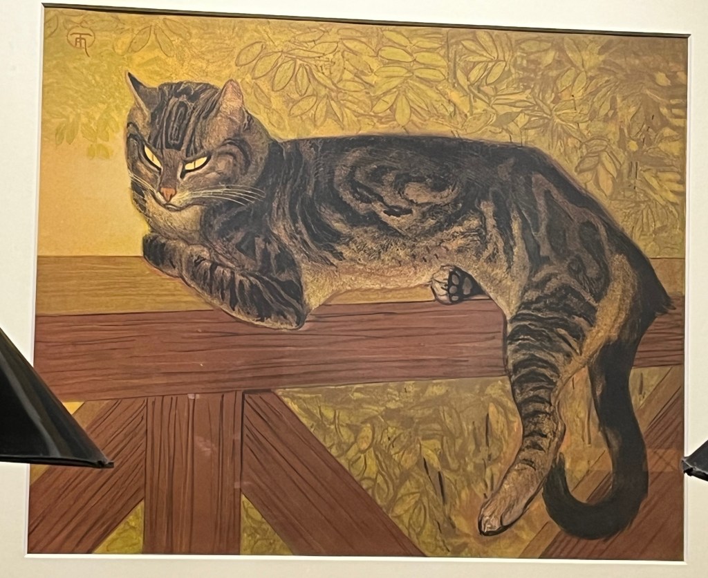 Painting by Théophile-Alexandre Steinlen called Summer, Cat on a Balustrade. It shows a tabby cat with yellow eyes relaxing on a thick wooden railing.
