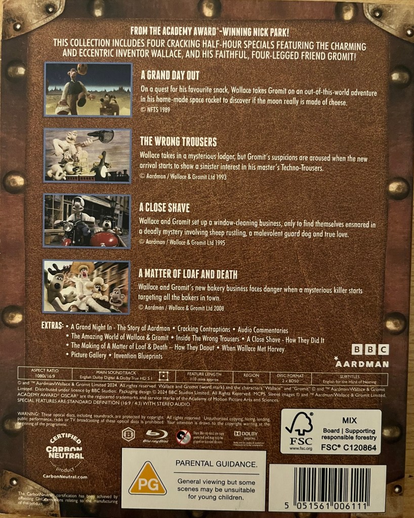 Back cover of the Wallace & Gromit Collection Blu-ray, listing a brief description with a screenshot for each of their 4 short films, namely A Grand Day Out, The Wrong Trousers, A Close Shave and A Matter Of Loaf and Death. It also lists the various extra features available in the set.