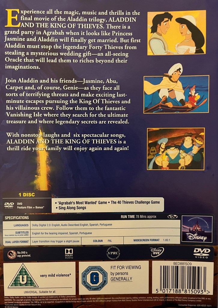 Back cover for the DVD of Aladdin And The King Of Thieves, with a description of the film, a short list of extras, and a few thumbnails from the film.
