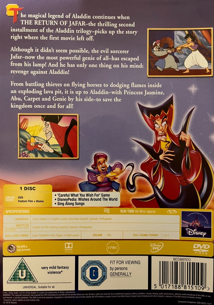Back cover for the DVD of Aladdin, The Return Of Jafar, with a description of the film, a short list of extras, a couple of thumbnails from the film, and a picture of Abis Mal summoning genie Jafar by rubbing his lamp.