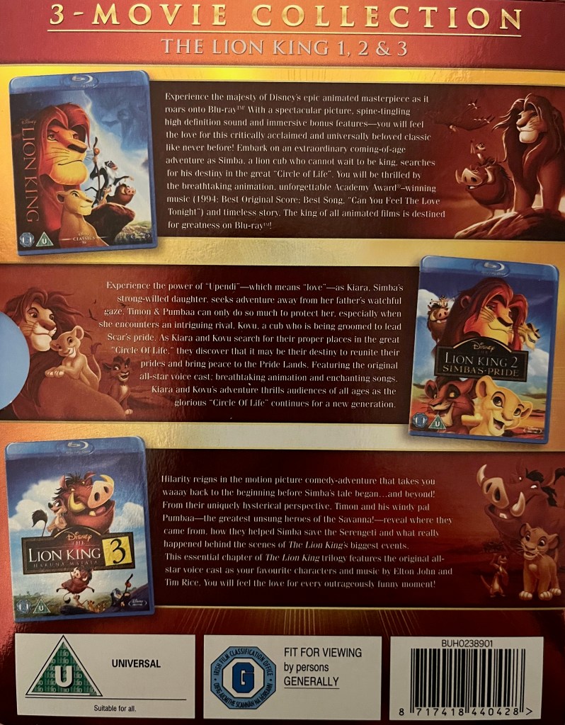 Back cover of the Blu-ray box set for Disney's original animated film trilogy of The Lion King, showing a description of each film. Each paragraph is illustrated with the film's Blu-ray cover on one side of the text and another image of the characters on the other side.