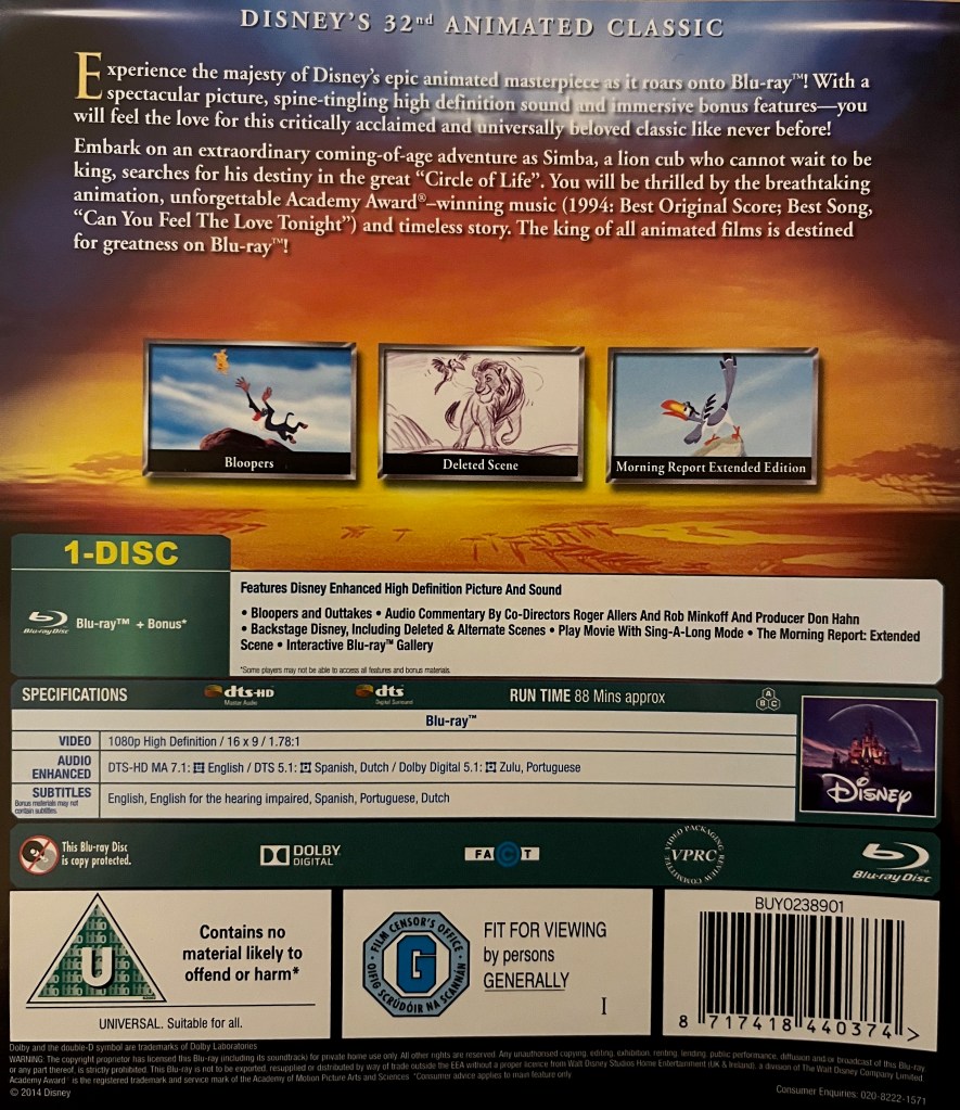 Back cover of the Blu-ray for the original animated Disney film The Lion King, with a description of the film and a list of extras, and a few thumbnails of animation and storyboard images for the bonus material.