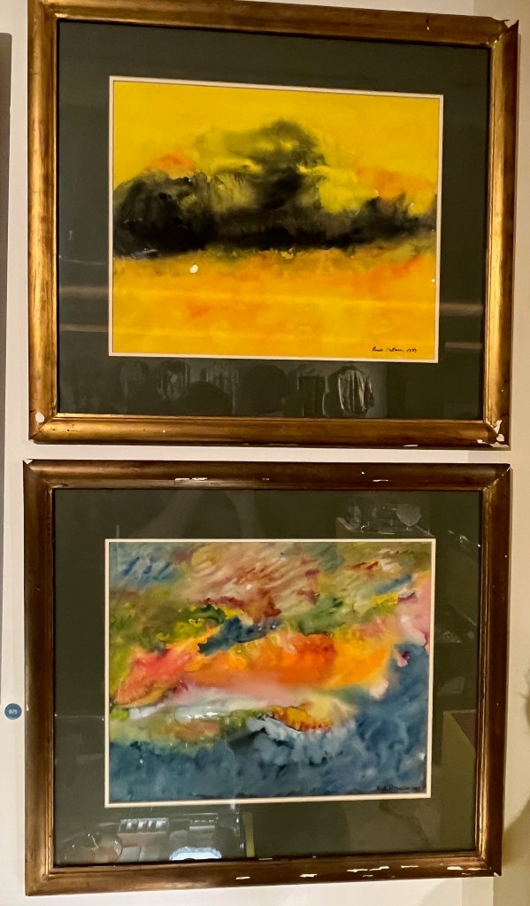 2 colourful and very abstract paintings of landscapes by Rudi Patterson.