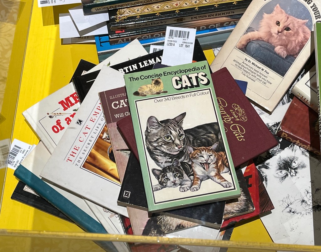 A collection of books about cats, including The Concise Encyclopedia of Cats, The Cat Empire, Understanding Your Cat, and A Book of Courtly Cats.