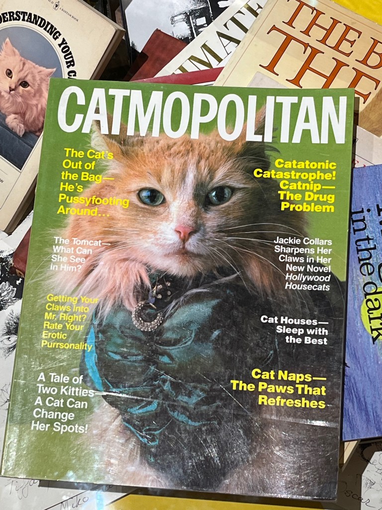 A book called Catmopolitan, with a cover designed to be a parody of Cosmopolitan magazine. Surrounding a picture of a cat are various headlines including The cat's out of the bag - he's pussy-footing around, The Tomcat - what can she see in him?, Getting your claws into Mr Right? - Rate your erotic purrsonality, A tale of two kitties - a cat can change her spots, Catatonic catastrophe - Catnip the drug problem, Jackie Collars sharpens her claws in her new novel Hollywood Housecats, Cat Houses - sleep with the best, and Cat Naps - the paws that refreshes.