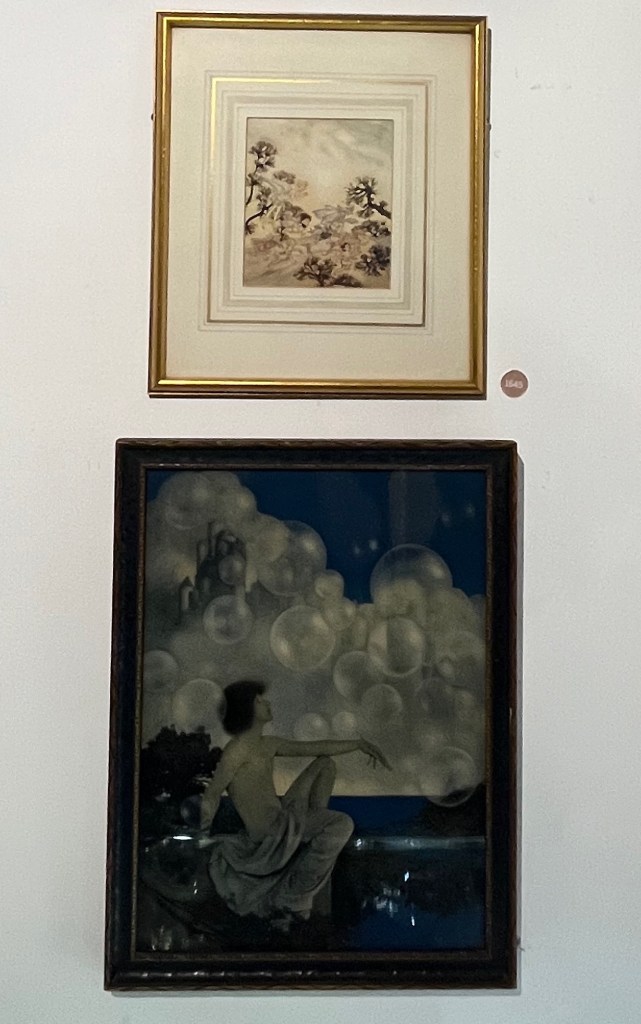 Two paintings. One shows a fairy and other small creatures and children running together through a landscape dotted with trees and foliage. The other shows a man, naked except for a cloth draped over their waist, sitting casually on the ground, his left arm resting on his left knee, with his left foot flat on the ground, as he looks up at bubbles floating around him.