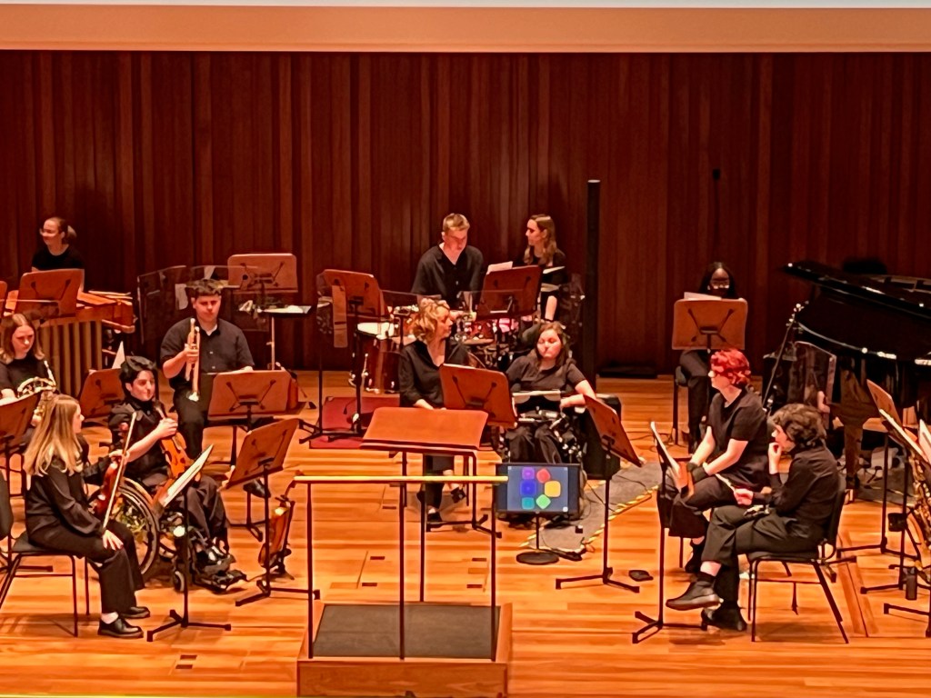 Close-up of a section of the National Open Youth Orchestra on stage. A lady in a wheelchair, called Emily Read, has a screen in front of her that she uses to play music using an app called the Clarion, and a duplicate screen is facing towards the audience just in front of her. It shows 6 coloured blocks, in the shapes of rounded squares, arranged in a capital D formation.