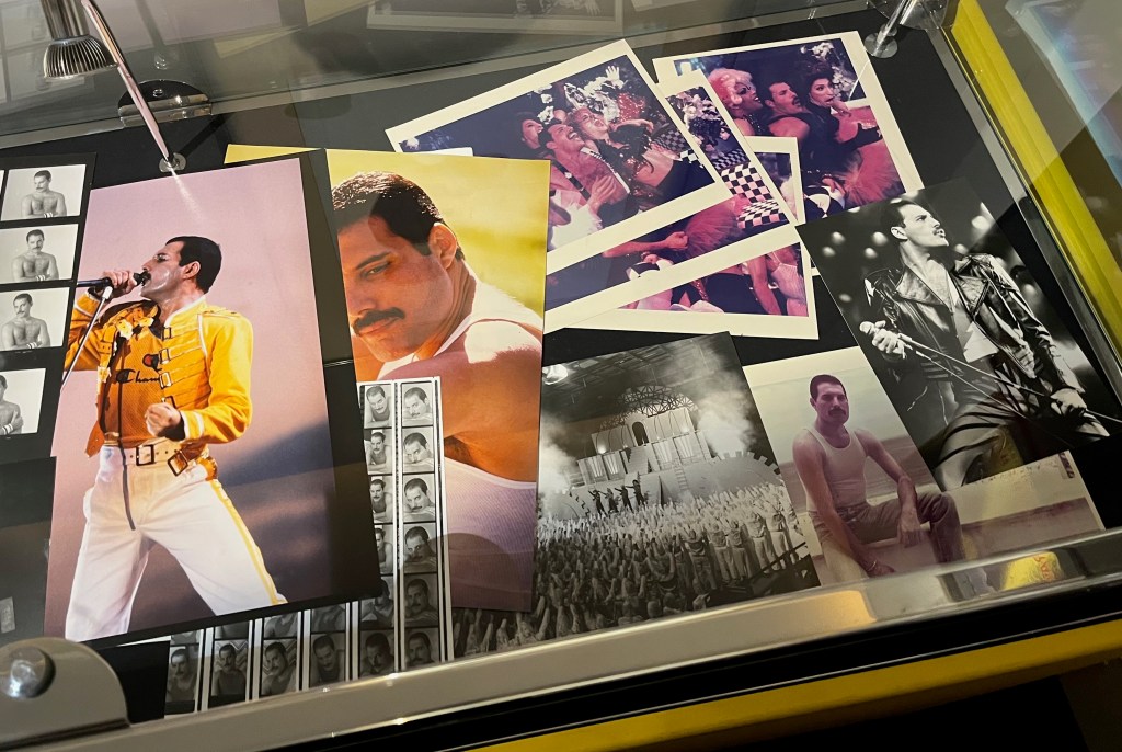 A selection of photos of Freddie Mercury, showing him singing on stage at a couple of concerts, leading the rest of Queen and a huge audience of fans in the clapping section of the Radio Ga Ga music video, partying with friends, and posing in other images.