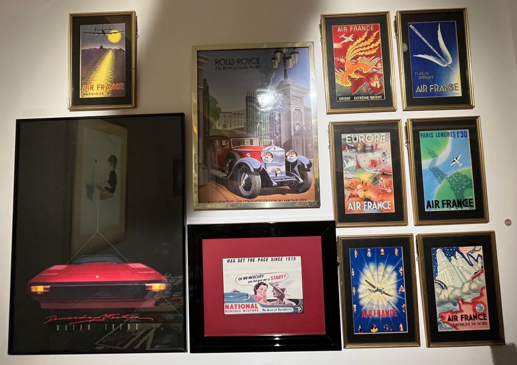 A collection of 10 travel posters and prints, 7 of which are for Air France to various destinations, while the others are for Ferrari, Rolls Royce and National Benzole Mixture.