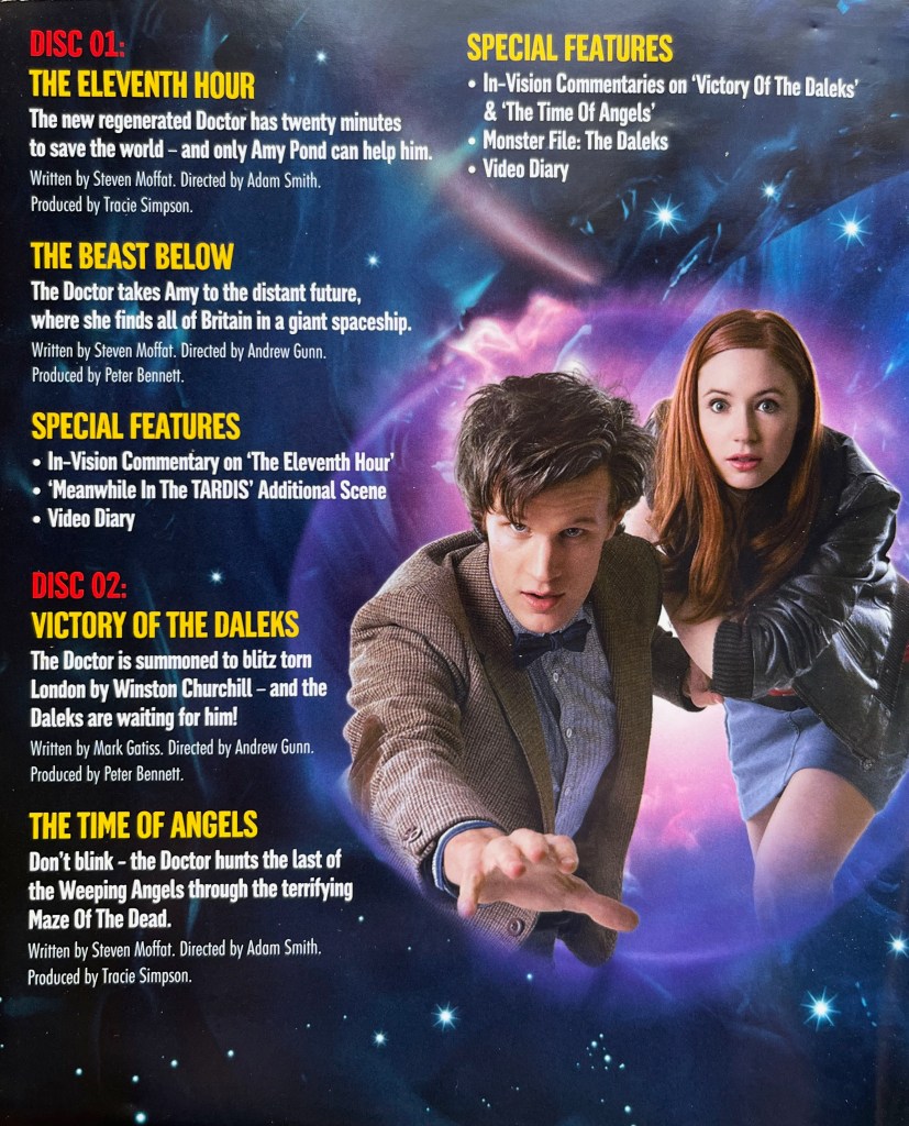Episode descriptions and lists of special features for Discs 1 and 2 in the booklet with the original Blu-ray for Doctor Who Series 5, including an image of Matt Smith's Doctor and companion Amy Pond running together.
