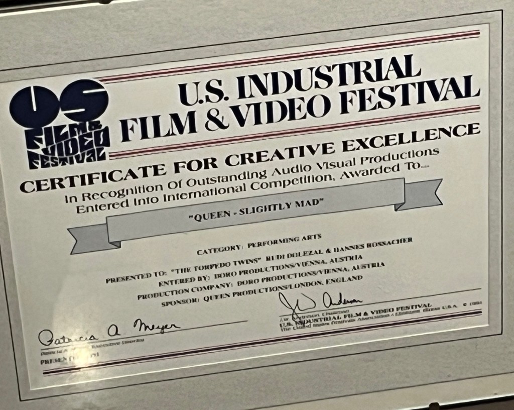 Certificate for Creative Excellence in the Performing Arts category from the US Industrial Film And Video Festival for I’m Going Slightly Mad.