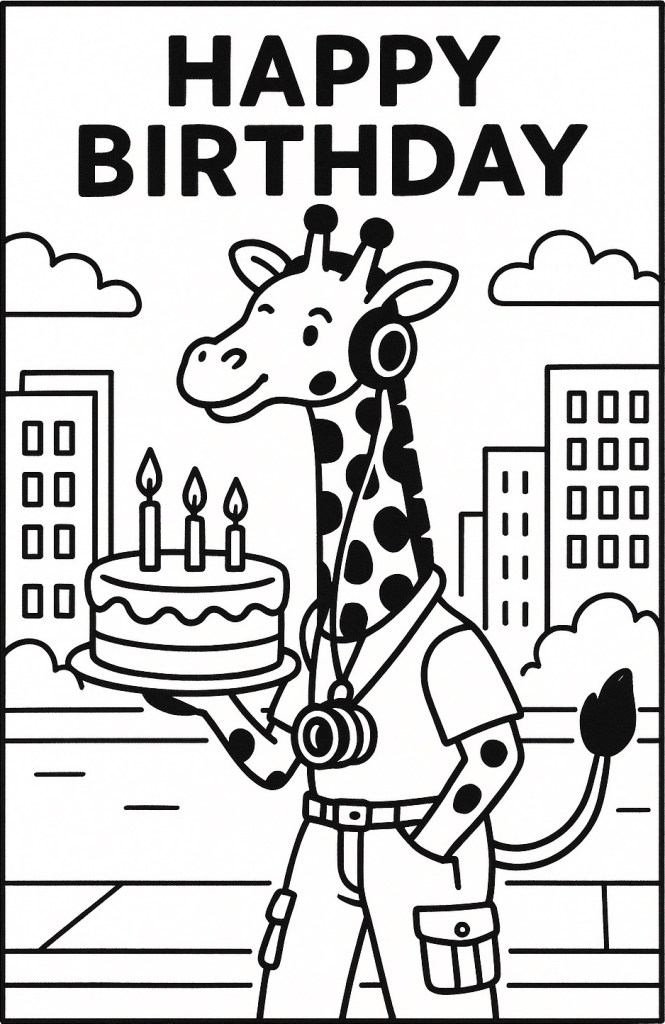 A black and white drawing of a smiling giraffe walking down the street carrying a birthday cake with 3 candles on it. He's wearing headphones, a small monocular telescope around his neck, a t-shirt and a pair of cargo trousers, with his free hand in one of the pockets.