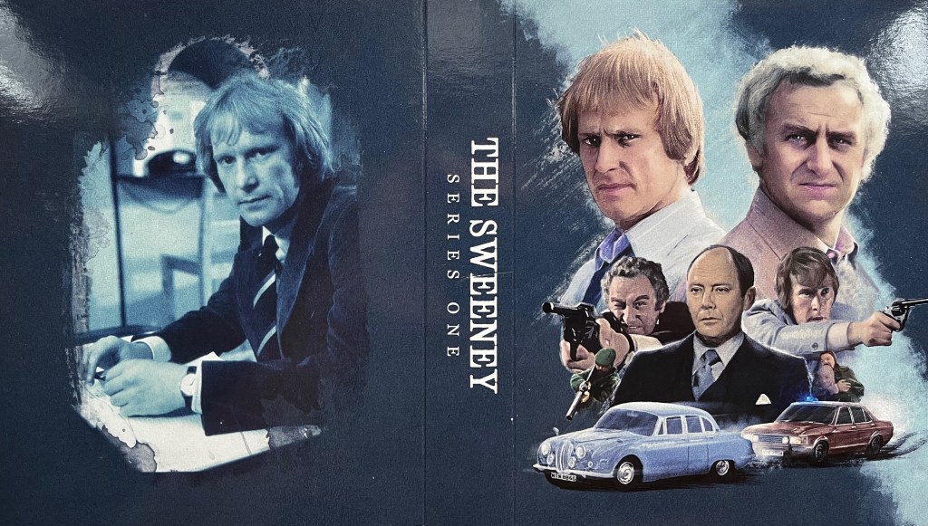 Cover spread for the inner box for The Sweeney Series 1 on Blu-ray. On the right is a large colour image of Regan and Carter, played by John Thaw and Dennis Waterman. Below them is another image of the two of them, this time pointing guns ahead of them, along with their boss Frank Haskins and a police car chasing another car. On the left panel, meanwhile is a blue-tinted image of George Carter sitting at a desk, wearing a dark jacket and stripy tie over a white shirt. The thick spine in between the two panels says The Sweeney, Series One.