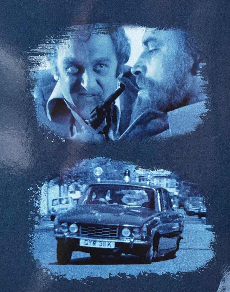 Two blue-tinted images on a panel in the Blu-ray box set for The Sweeney Series 1. The top image shows Regan looking furious as he points a small gun at a bearded man's head, while the bottom image shows a police car driving down a street.