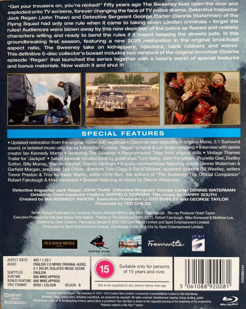 Back cover for The Sweeney Series 1 on Blu-ray. At the top is a description of the series, followed by 3 photos from the show with a man laying on the ground behind a vehicle while 2 men stand over him, a car chase, and 2 people in masks kidnapping a woman. Below that is a long list of special features, followed by technical and copyright information.