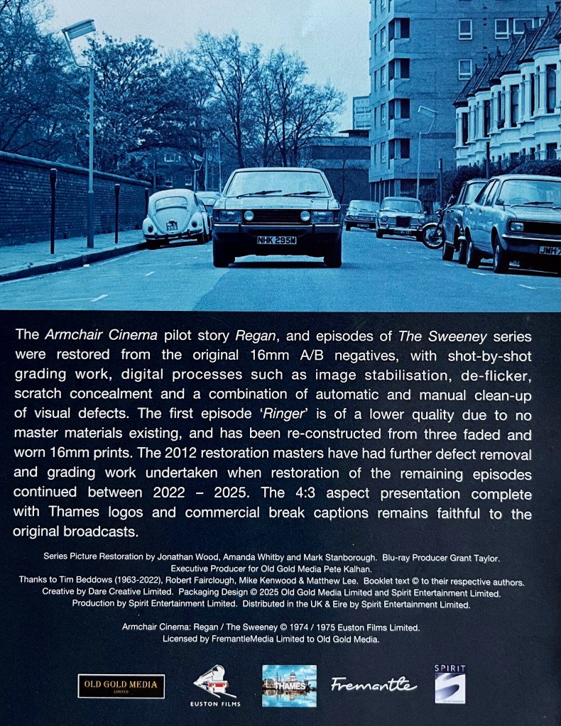 Back cover of the booklet included in the Blu-ray boxset for The Sweeney Series 1. It shows a blue-tinted image of a car driving towards us down a street, taken from the opening titles of the series, below which is text explaining how the episodes were restored and remastered from 16mm negatives.