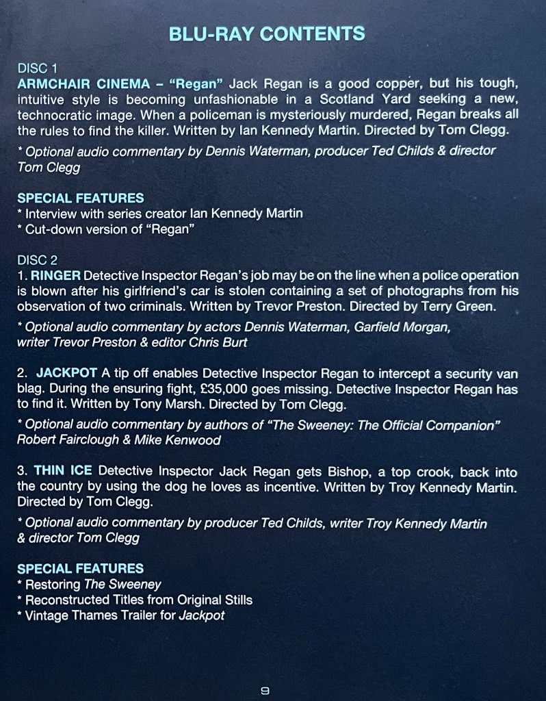 A page from the booklet in the Blu-ray set for The Sweeney Series 1, showing the episodes and extra features on discs 1 and 2.