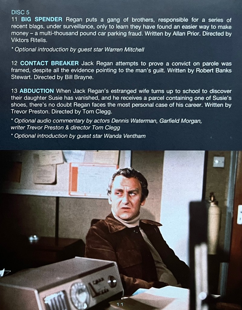 A page from the booklet in the Blu-ray set for The Sweeney Series 1, showing the episodes and extra features on disc 5, above a colour photo of Regan sitting at a desk with a quizzical look on his face.