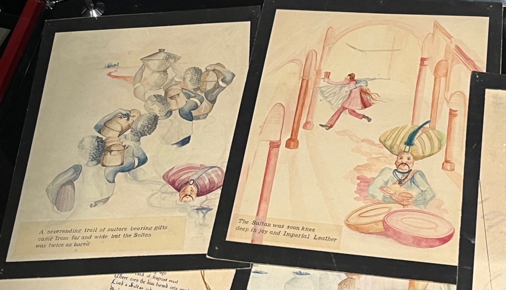 Two watercolour illustrations by Freddie Mercury, from his youth when he was named Freddie Bulsara. The left one shows a group of men carrying boxes on their shoulders as they head down a winding path to a city in the far distance. Text at the bottom reads A never-ending trail of suitors bearing gifts came from far and wide, but the Sultan was twice as bored. The right artwork then shows the sultan sitting cross-legged on the floor holding several round bowl-like objects, while somebody runs across the scene in the background carrying something in their hands. The text at the bottom says The Sultan was soon knee deep in joy and Imperial Leather.