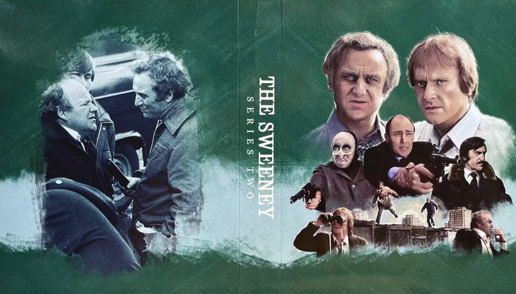Cover spread for the inner box for The Sweeney Series 2 on Blu-ray, with a green background behind the imagery and text. On the right is a large colour image of Regan and Carter, played by John Thaw and Dennis Waterman. Below them are images from the series including Carter chasing a criminal, Haskins pointing a gun, Regan talking into a handheld radio, and a couple of other criminals. On the left is a black and white image of Regan holding a baton as he faces a frightened looking man. The thick spine in between the two panels says The Sweeney, Series Two.