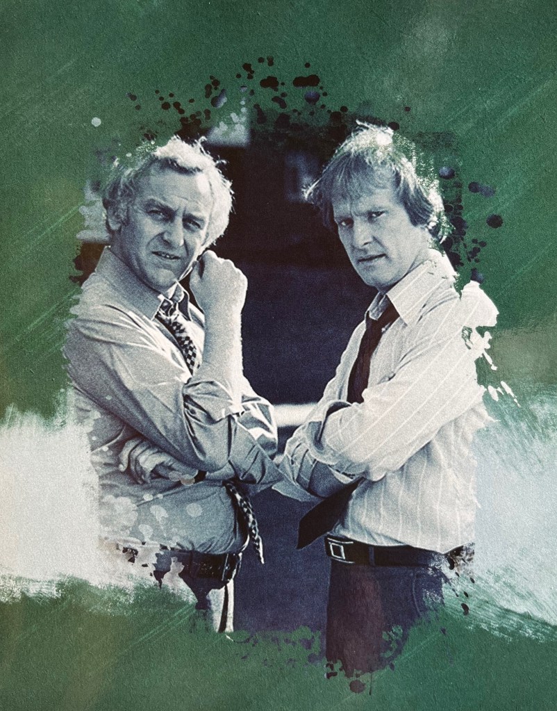 A black and white photo of Regan and Carter standing together, each with their arms crossed, Regan bending his right elbow so his right hand can touch his left cheek. The image is placed on a green background, and is from one of the panels in the Blu-ray box set for The Sweeney Series 2.