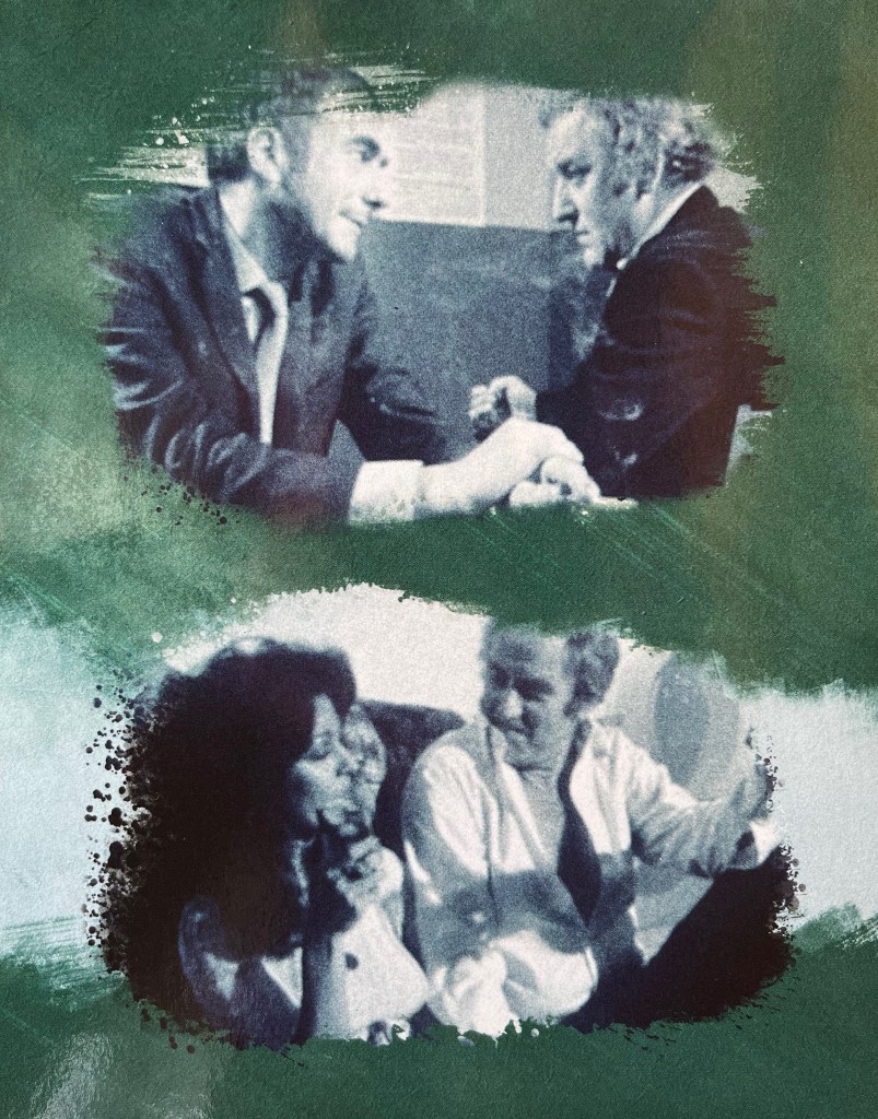 A panel with a green background from the Blu-ray box set for The Sweeney Series 2. It has 2 black and white images, showing Jack Regan talking to a man and a woman respectively.