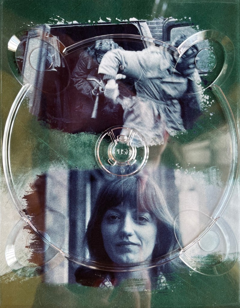 A panel with a green background from the Blu-ray box set for The Sweeney Series 2. It has 2 black and white images, the top one showing two disguised people bursting out from the back of a van carrying tools, while the bottom image shows a woman's face. The images are behind a plastic holder for one of the Blu-ray discs.