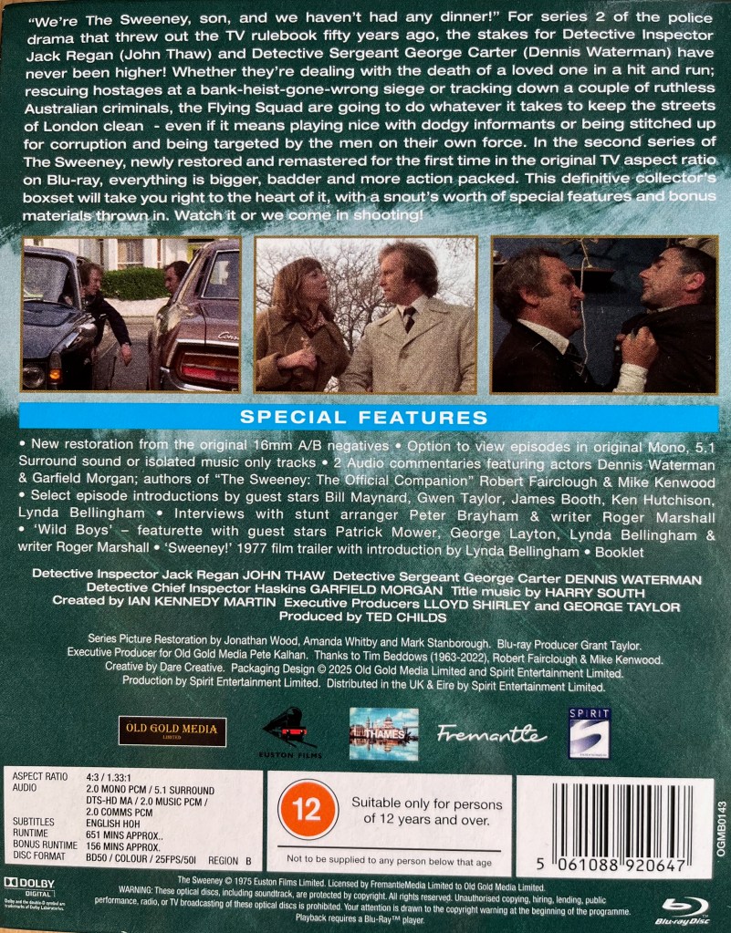 Back cover for The Sweeney Series 2 on Blu-ray. At the top is a description of the series, followed by 3 photos from the show, showing Regan and Carter talking to each other through windows of neighbouring cars, Carter talking to a woman, and Regan angrily grabbing a man by the collar of his jacket. Below that is a long list of special features, followed by technical and copyright information.