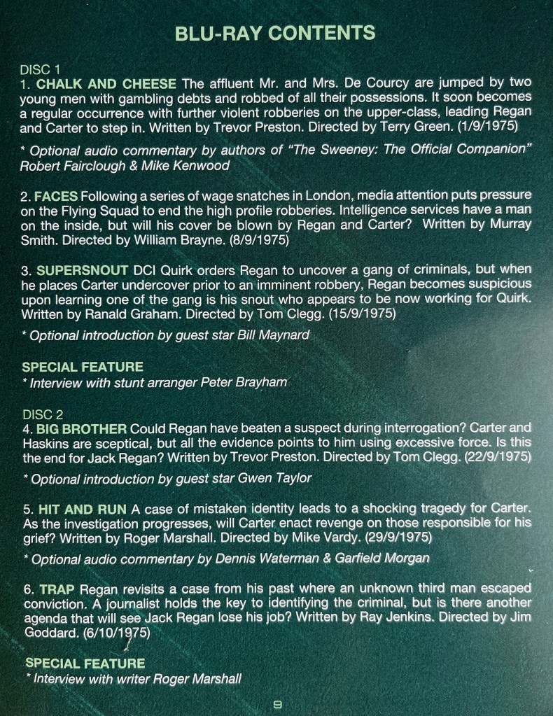 A page from the booklet in the Blu-ray set for The Sweeney Series 2, showing the episodes and extra features on discs 1 and 2.