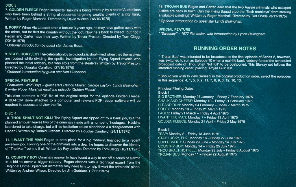 2 pages from the booklet in the Blu-ray set for The Sweeney Series 2, showing the episodes and extra features on discs 3 and 4.